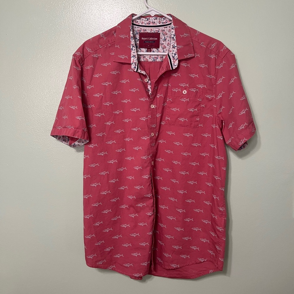 Report Collection Men’s Pink Shark Pattern Casual Shirt Cotton Button Up size L